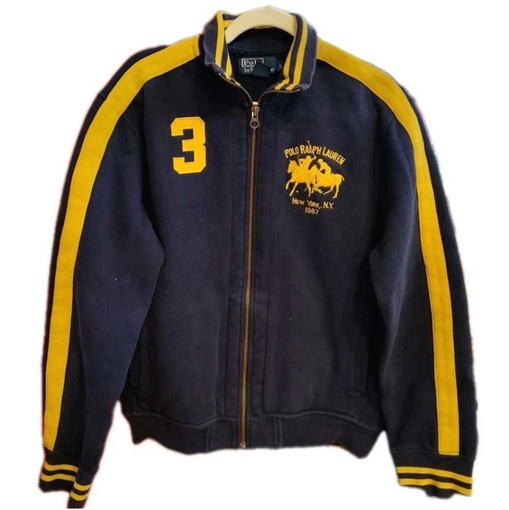 Vintage Polo by Ralph Lauren Men's Navy and Yellow Varsity Jacket Size Large